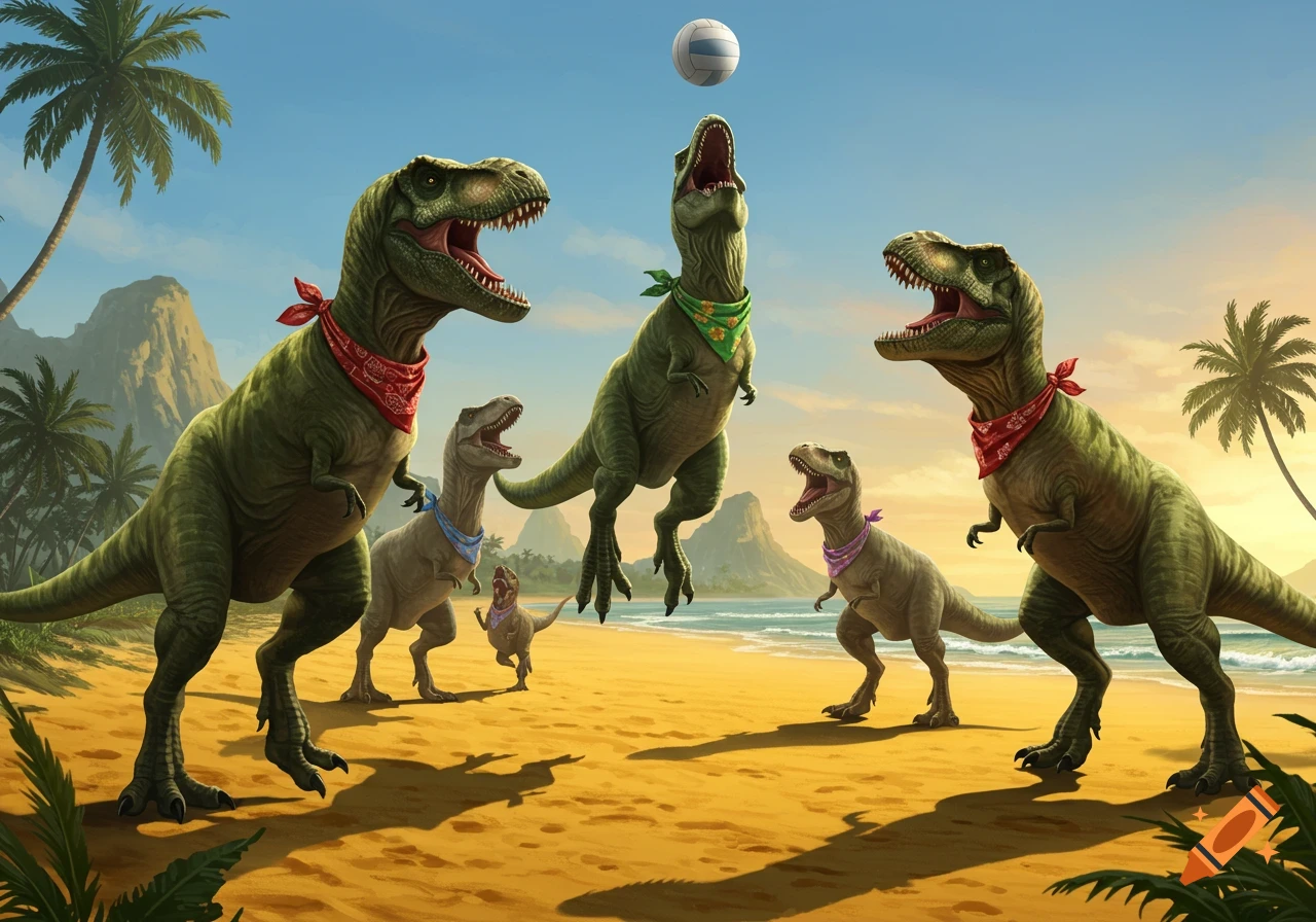 Green T-Rex dinosaurs wearing bandanas play volleyball on a sunny beach with palm trees and a mountain in the background.