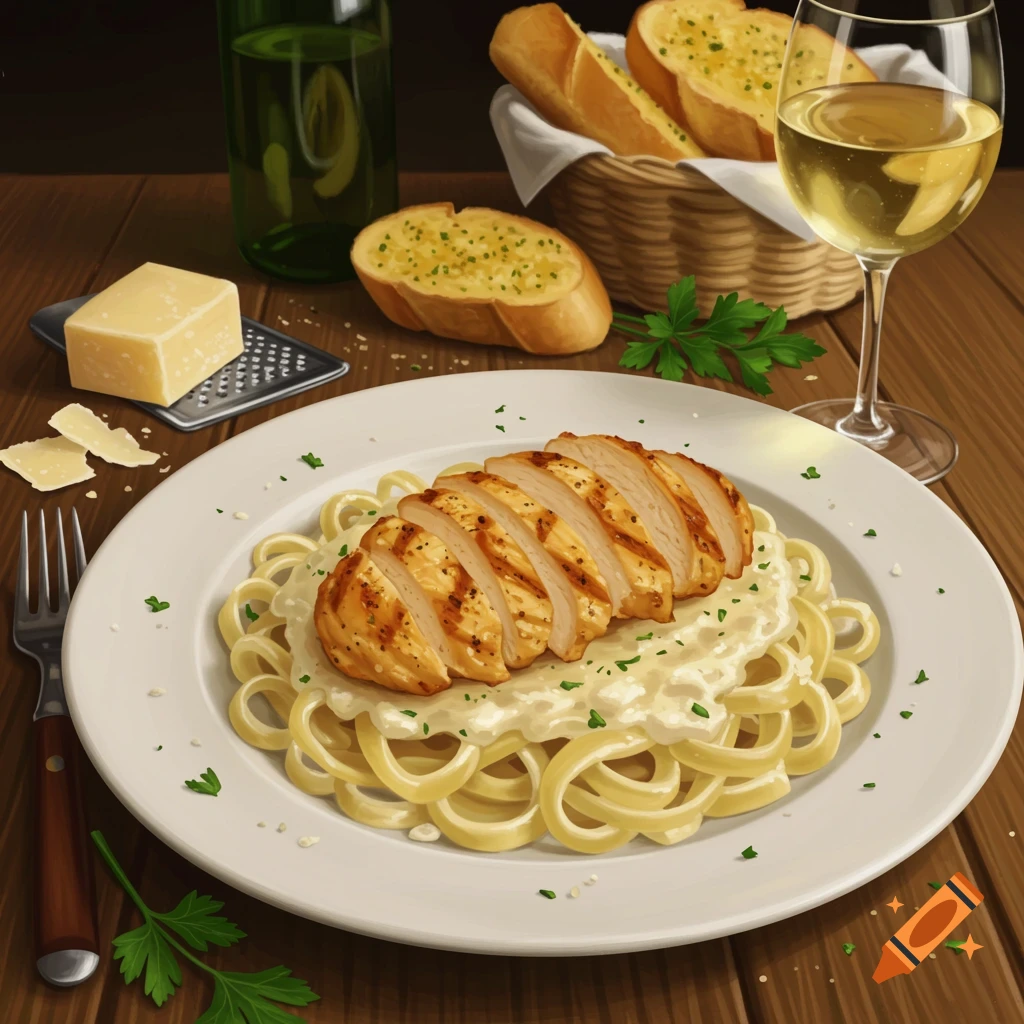 A plate of sliced grilled chicken over pasta with cream sauce, accompanied by garlic bread, parmesan cheese, a bottle, and a glass of white wine on a wooden table.