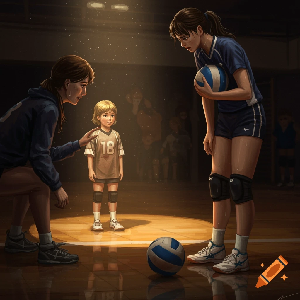 A somber volleyball player holding a ball reflects on her childhood self being coached on a court under a spotlight.