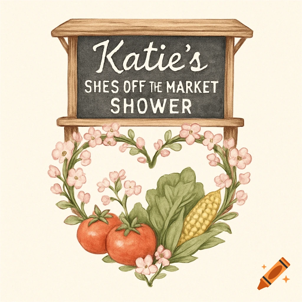Watercolor logo for a bridal shower, featuring a sign 'Katie's She's Off the Market Shower' above a heart-shaped wreath of flowers and produce.