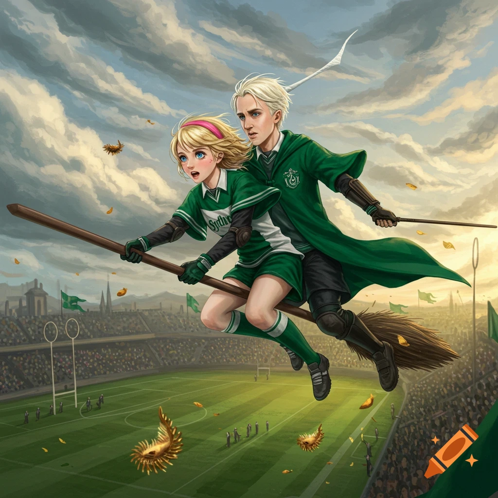 Anime-style illustration of Draco Malfoy and a blonde girl in green Slytherin Quidditch uniforms flying on a broomstick over a stadium.