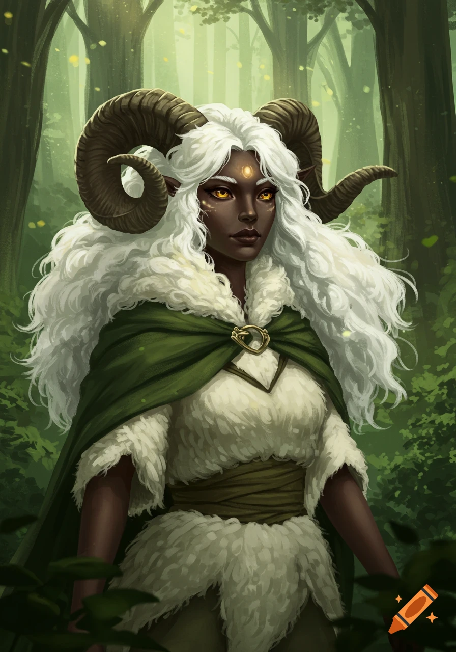A dark-skinned fantasy woman with white woolly hair and large ram horns wears a green cloak and white fur clothing in a lush forest.