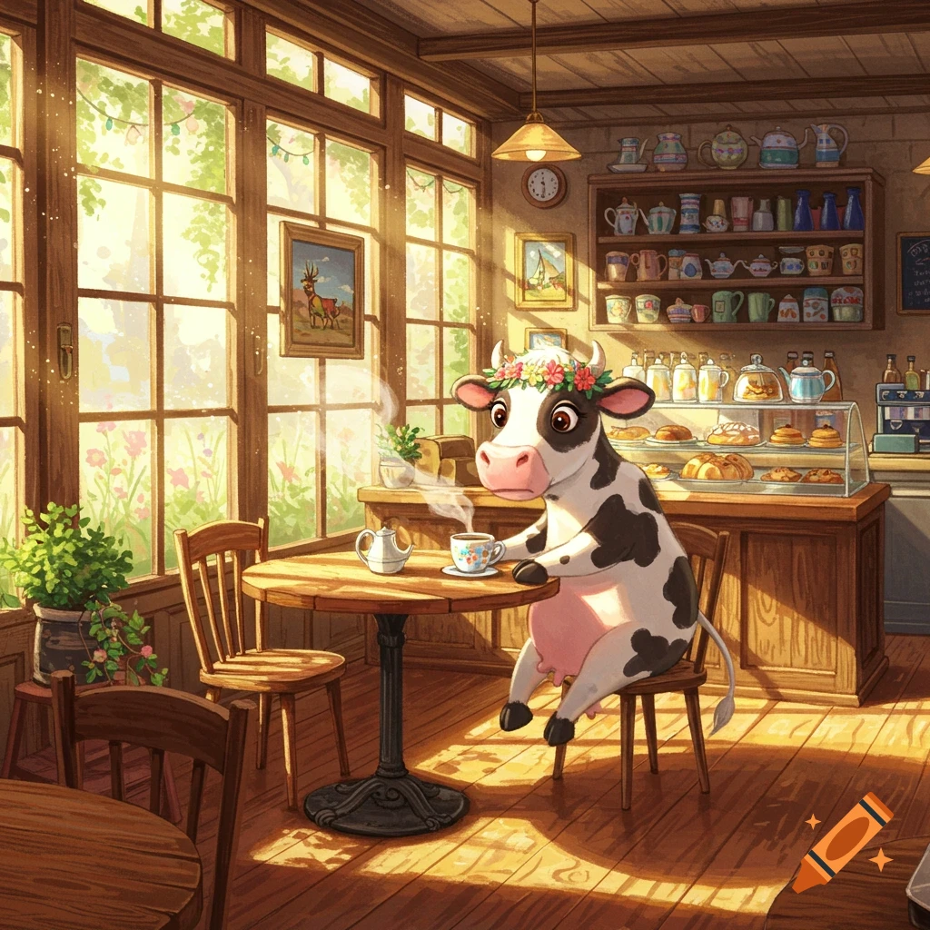 A charming cartoon cow with a flower crown sits at a table in a sunlit cafe, enjoying a steaming cup of tea.
