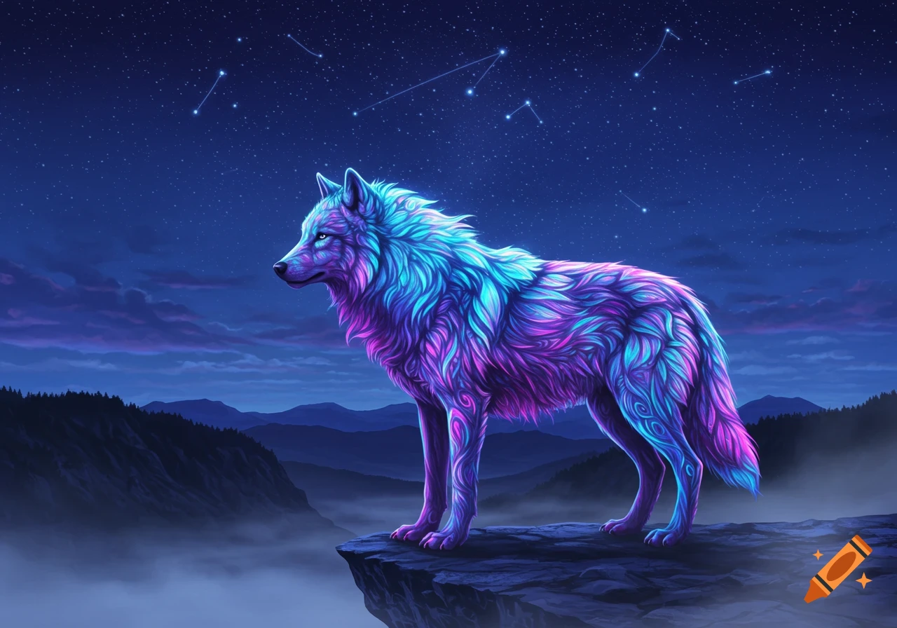 A neon-colored wolf with blue and pink fur stands on a rocky cliff under a dark starry night sky with constellations.