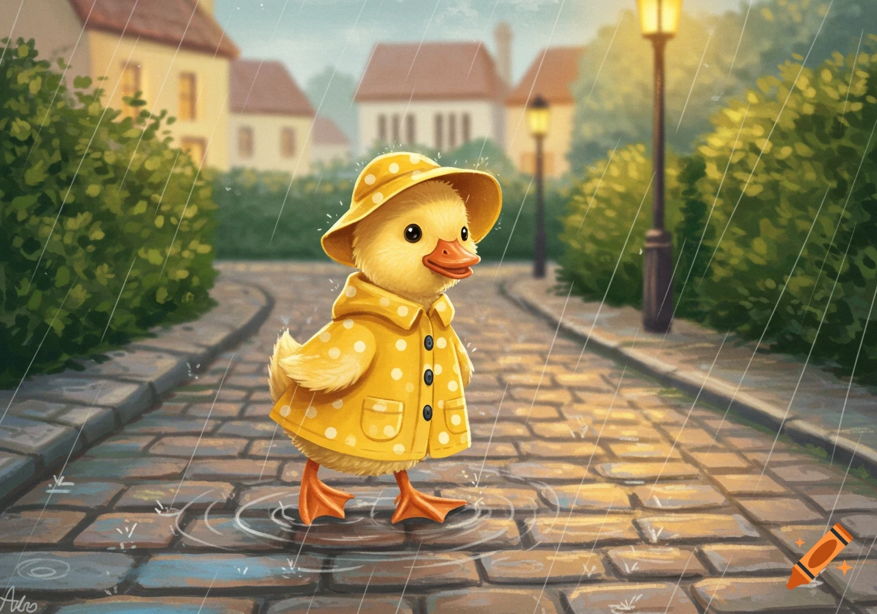 A cute yellow duckling in a polka-dot raincoat and hat walks on a cobblestone street in the rain.