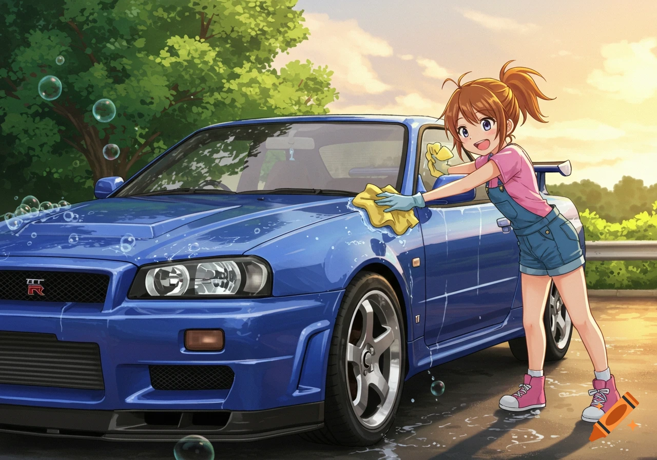 Anime girl wearing overalls cleaning a blue Nissan Skyline GT-R R34 outdoors on a sunny day.