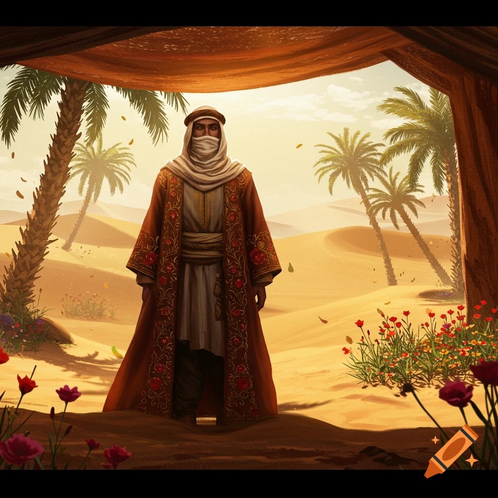An illustrative image of a person in traditional desert attire standing under a canopy in a desert landscape with palm trees and flowers.