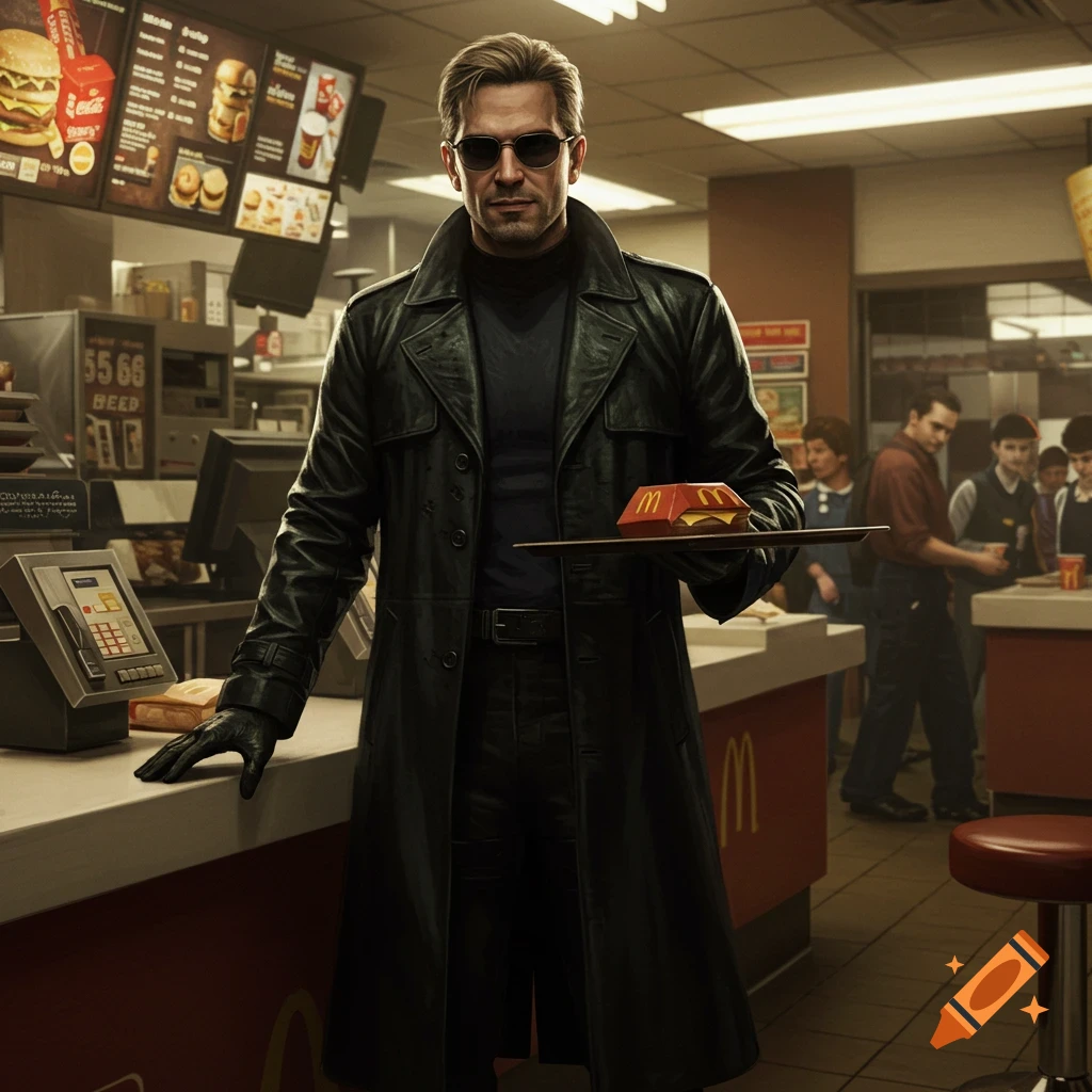A man in a black trench coat and sunglasses holds a McDonald's Happy Meal box on a tray inside a McDonald's restaurant.