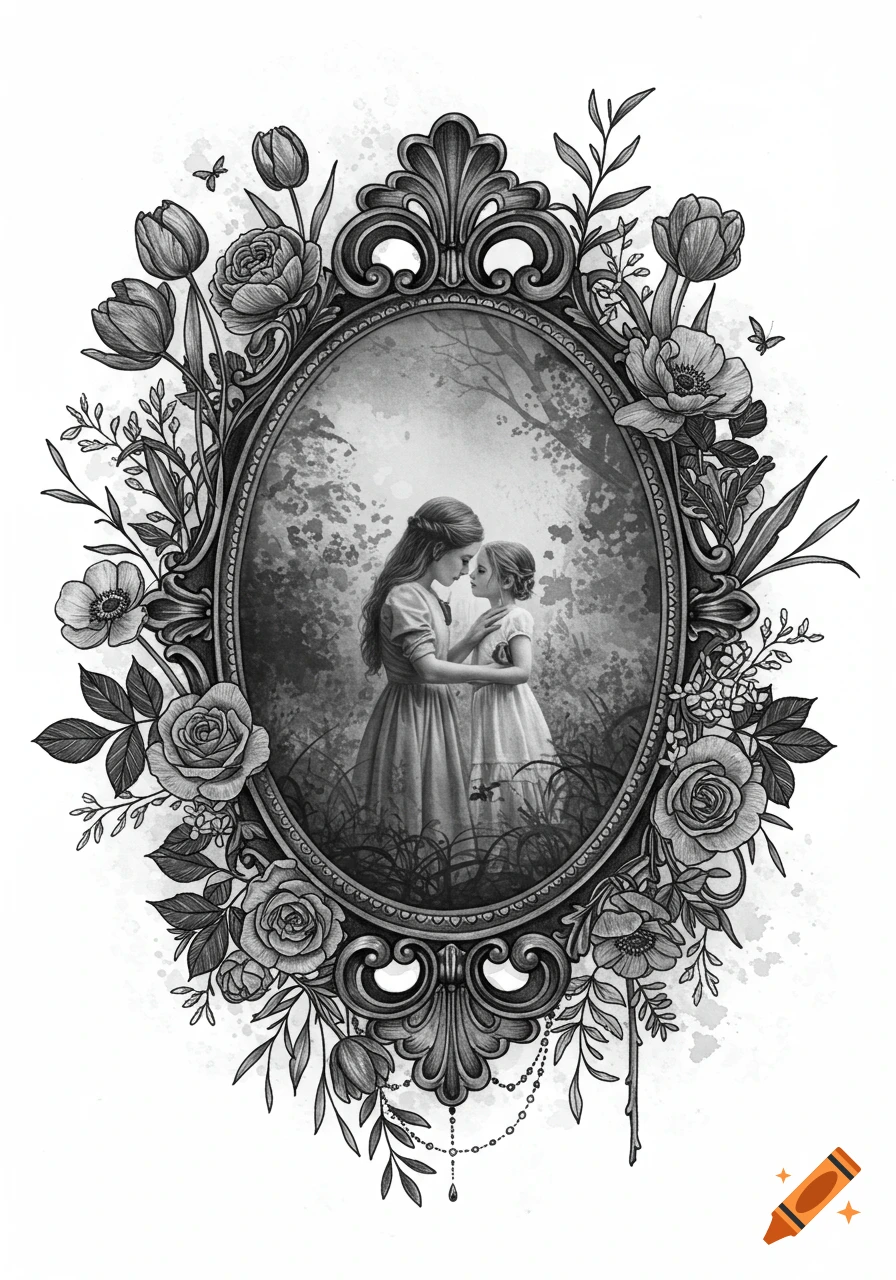 Black and white illustration of two young girls within an ornate, gothic-style oval frame surrounded by roses, tulips, and vines.