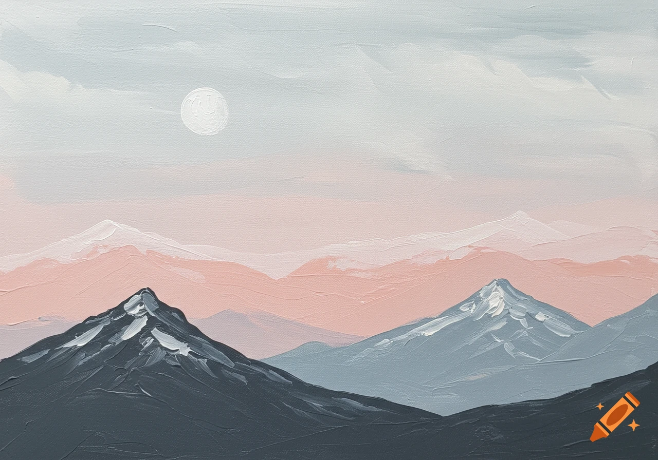 Abstract acrylic painting of mountains and a moon in a pale sky with soft pink, grey, and blue hues.