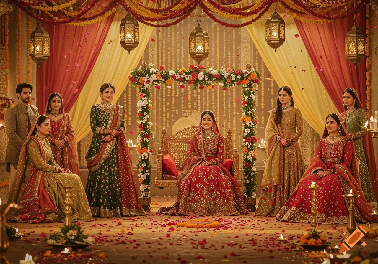 A group of elegantly dressed people in traditional South Asian attire at a decorated indoor wedding ceremony.