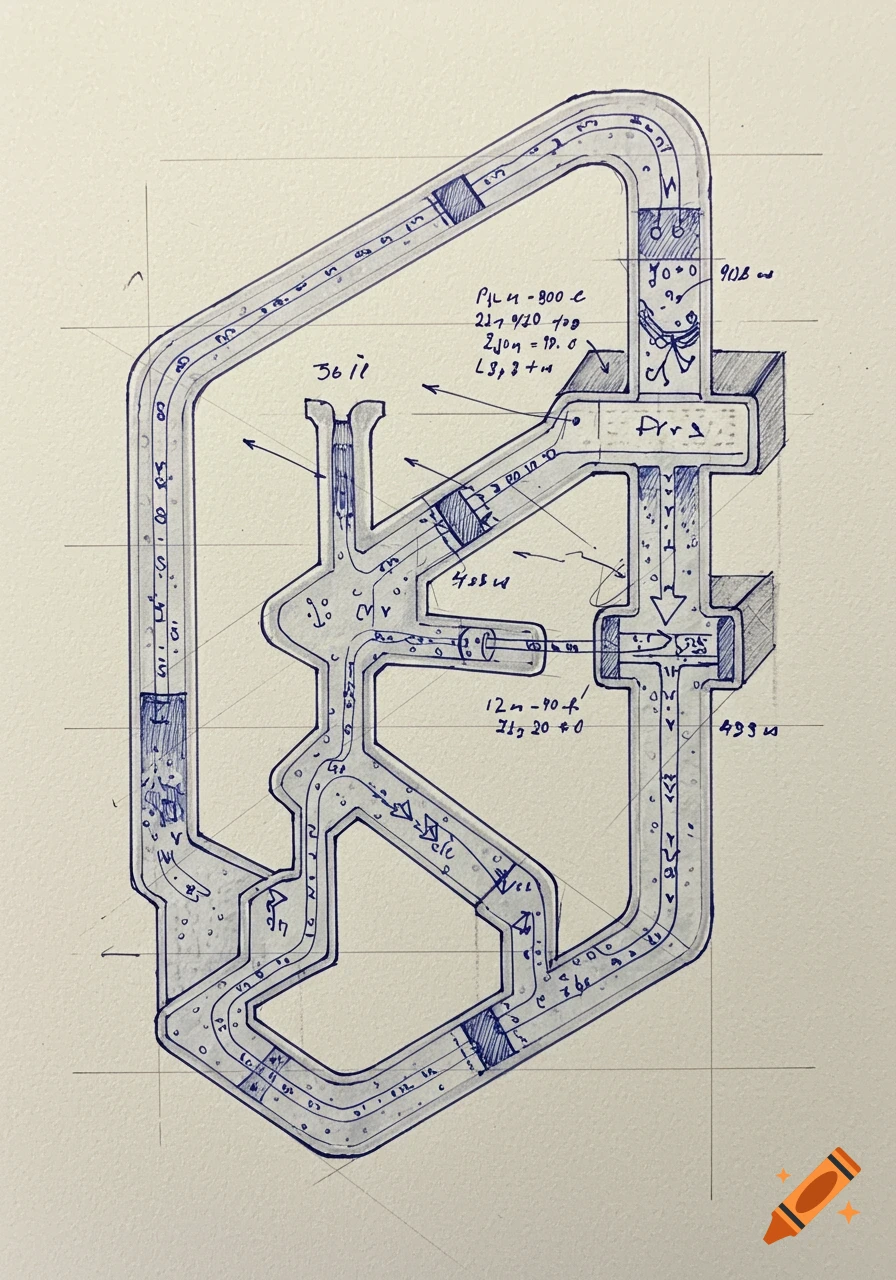 A technical sketch diagram of a flow system with pipes, valves, and arrows indicating direction, annotated with handwritten numbers and symbols.