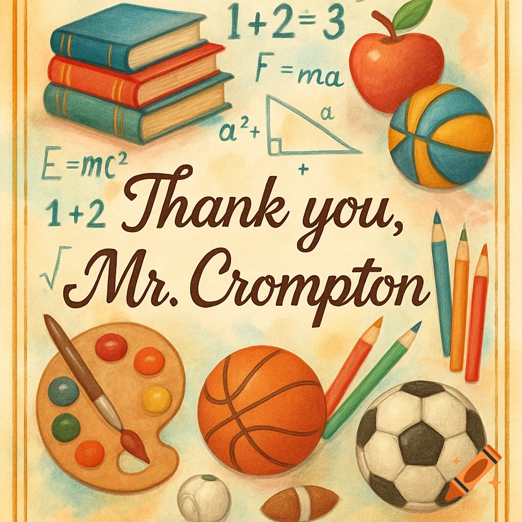 An illustrated thank you card for Mr. Crompton, surrounded by books, math equations, pencils, an apple, and various sports balls.