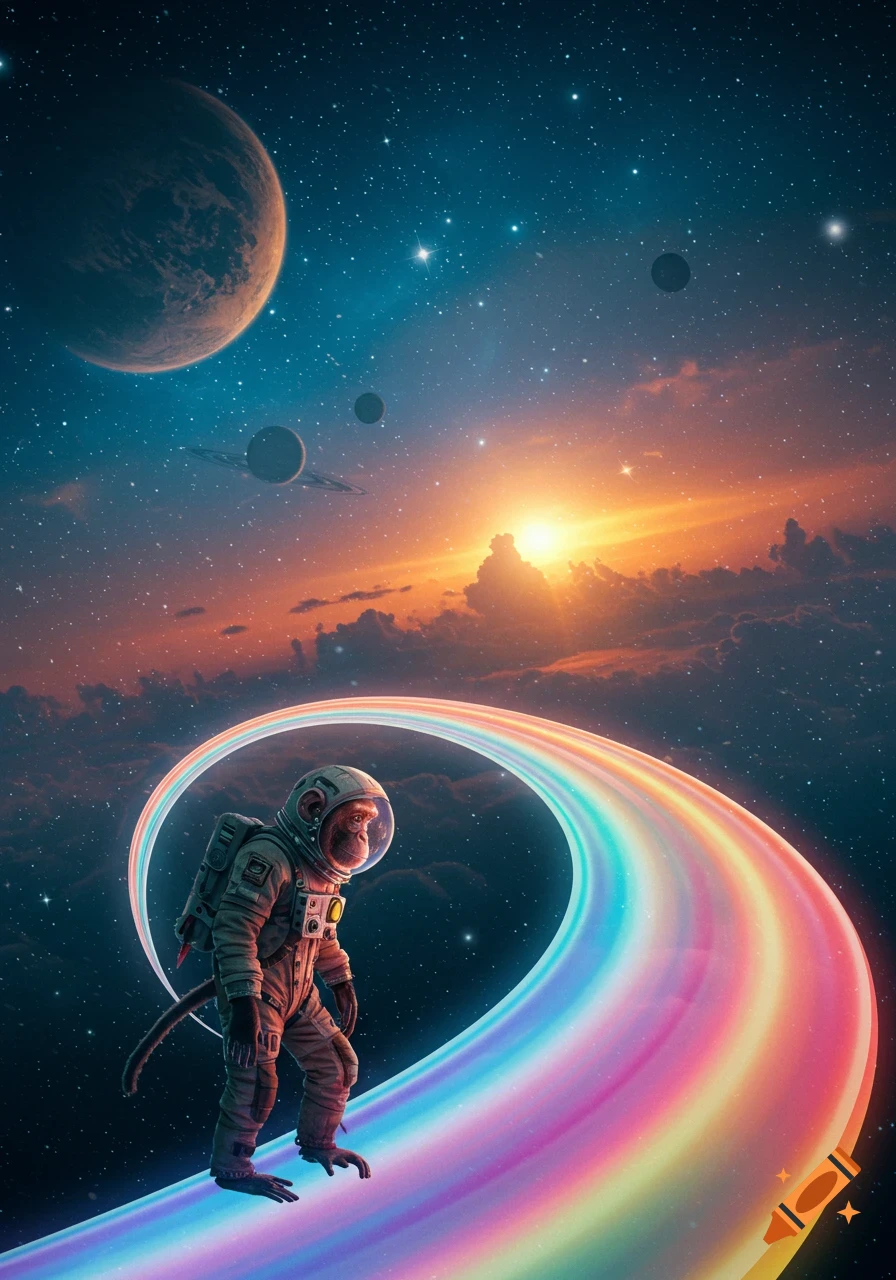A chimpanzee astronaut in a tattered space suit surfs a glowing rainbow arc through space, with planets and stars in the background.