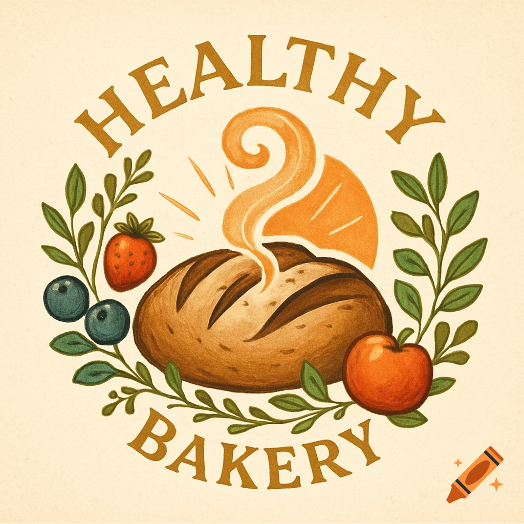 A colorful, rustic illustration logo for a bakery featuring a steaming loaf of bread, surrounded by berries, an apple, and green leaves, with the words 'HEALTHY BAKERY' in an arc.
