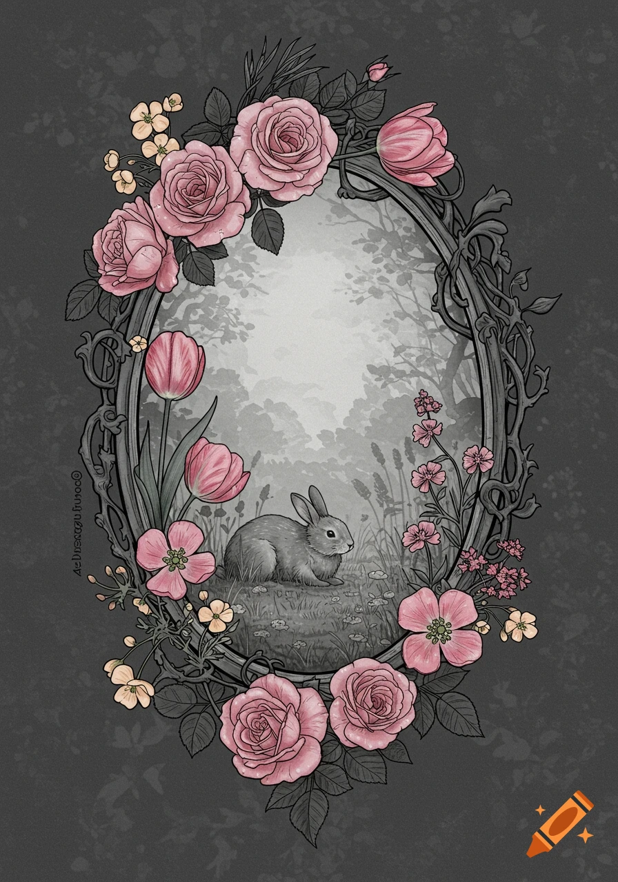 A whimsical illustration of a gray bunny in a meadow, framed by an oval of pink roses, tulips, and wildflowers on a dark background.