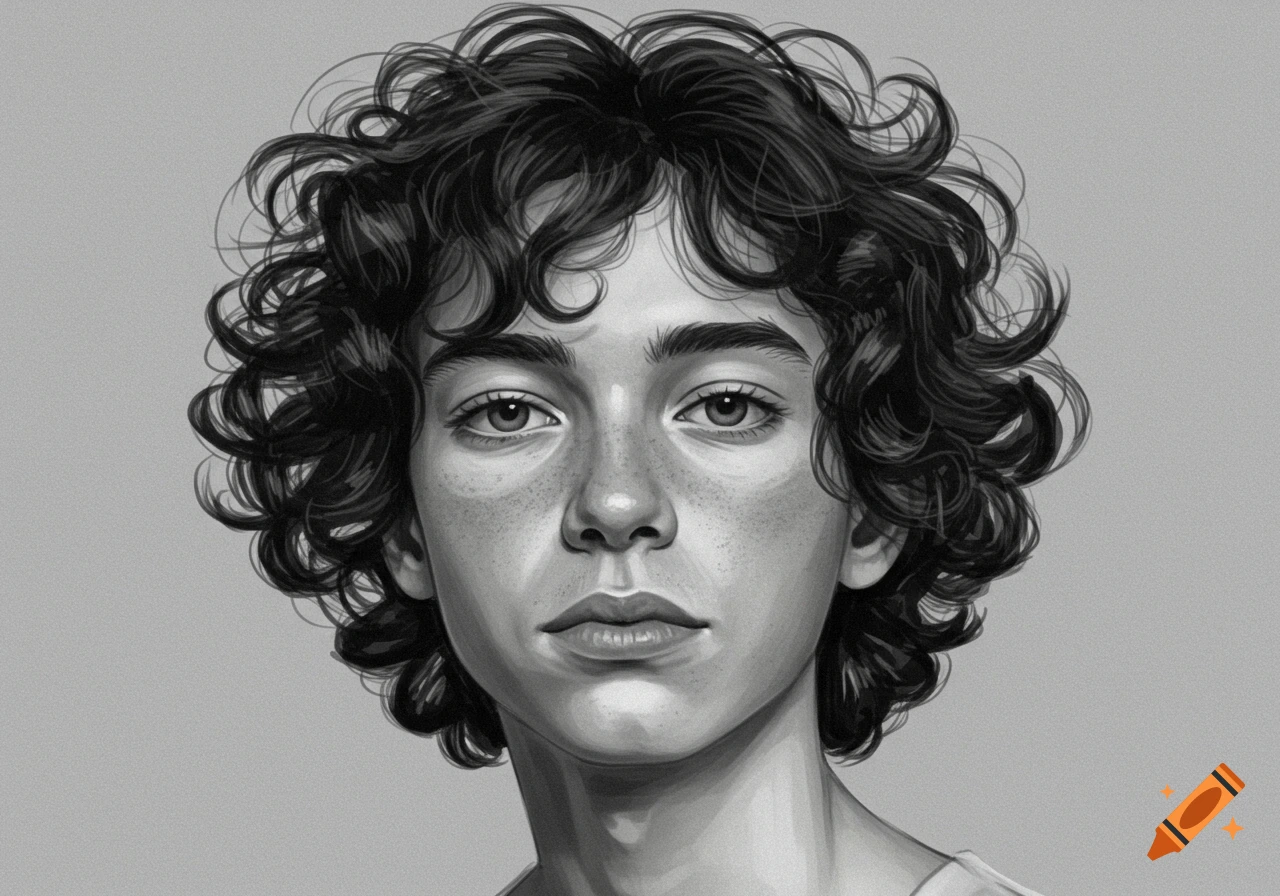 A grayscale drawing of a young person with short, curly, messy dark hair looking directly ahead.