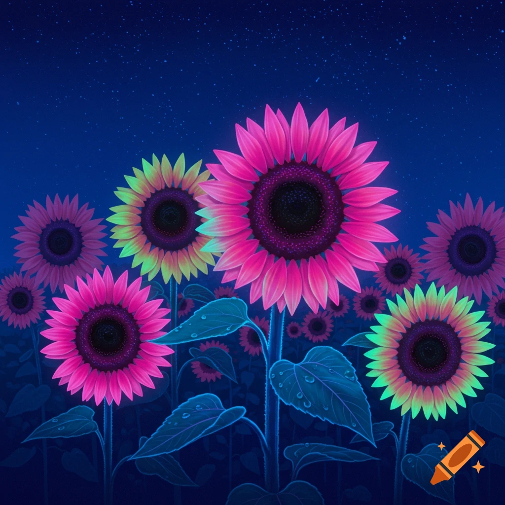 A field of glowing pink and yellow-green sunflowers under a dark, star-filled night sky, with luminous leaves.