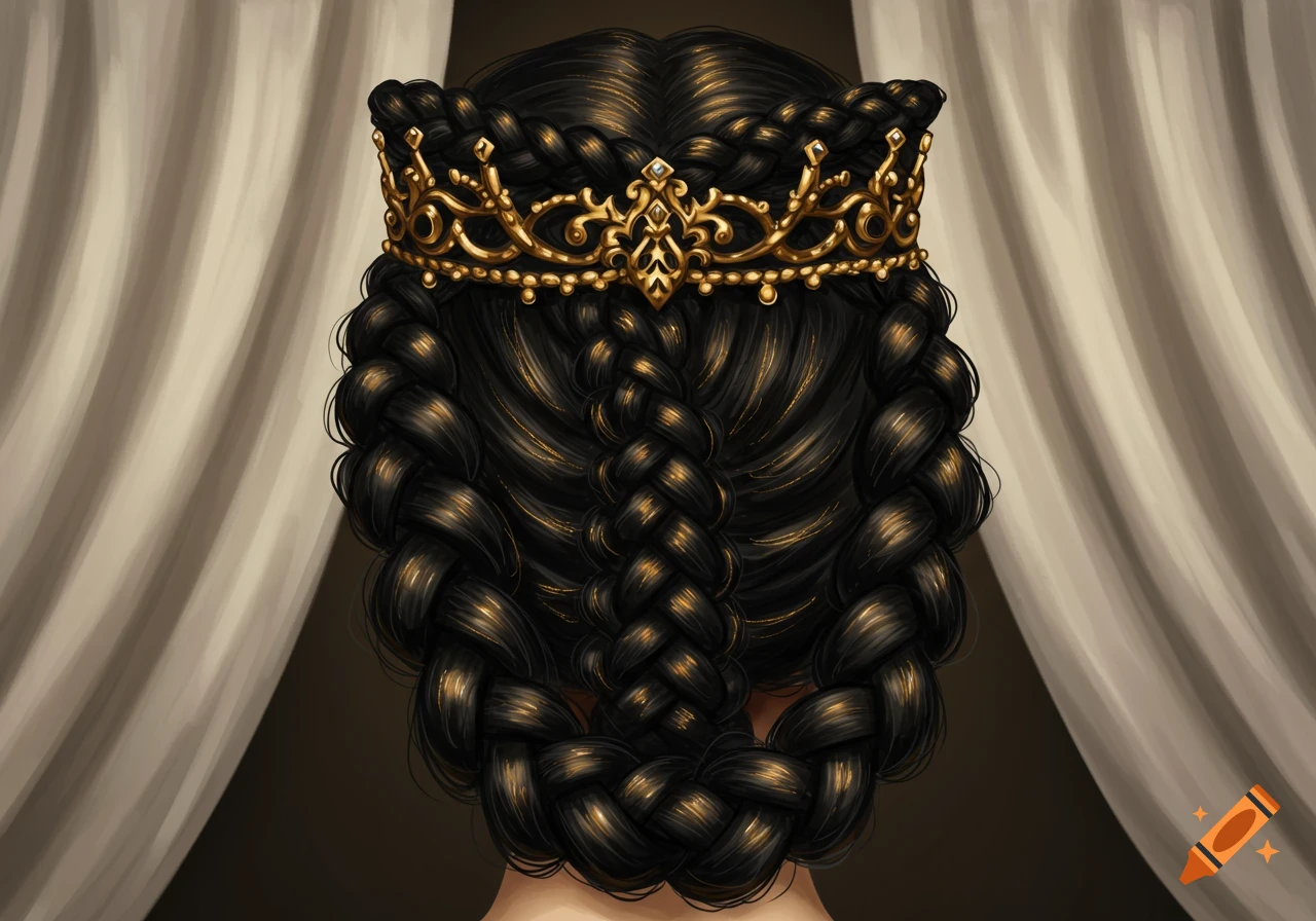 Intricate black braided hair styled into a crown, adorned with a golden regal crown.