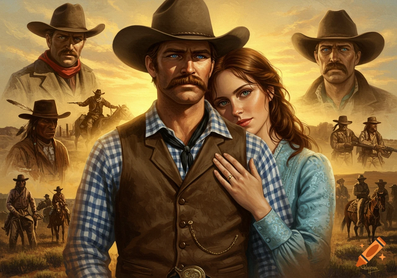 A cowboy and woman embrace in a western landscape, surrounded by vignettes of other cowboys, Native Americans, and scenes of cattle drives and gunfights, in a painterly style.