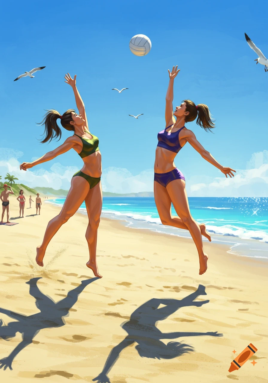 An illustration of two women playing beach volleyball, jumping to hit the ball under a sunny sky.