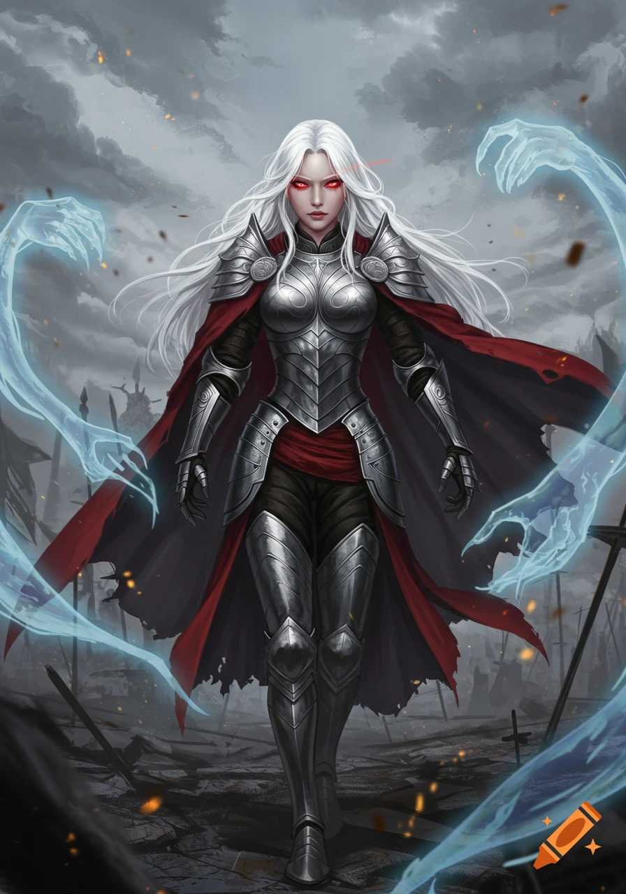 White-haired female warrior with red eyes in silver armor and red cape, in a desolate battlefield with ghostly blue figures.