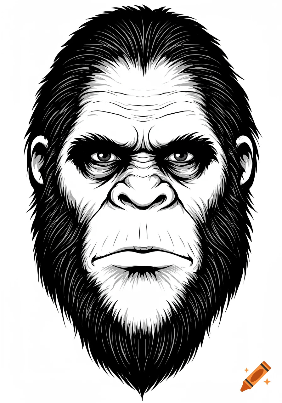 Black and white illustration of a Bigfoot's face.