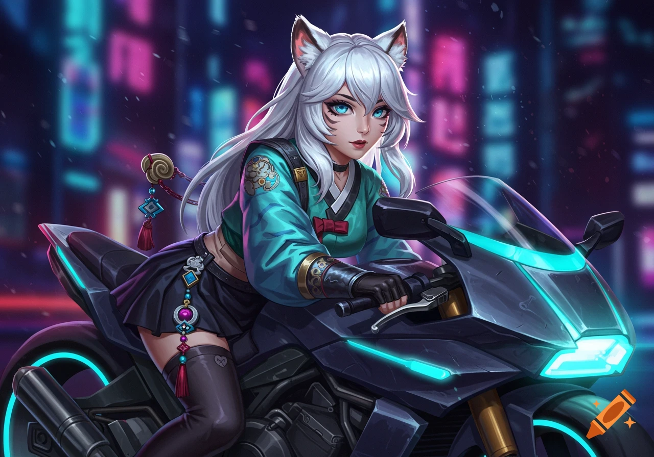 An anime-style white tiger girl with long white hair and blue eyes, wearing a modernized teal hanbok and black skirt, riding a futuristic motorcycle with glowing blue accents against a neon city night background.