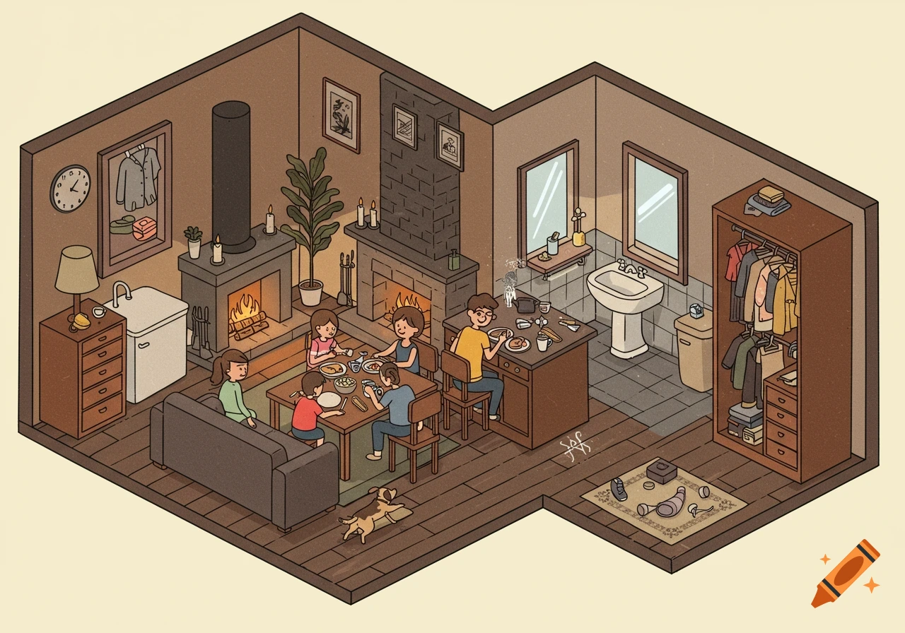 A cozy isometric cartoon of a family dining in a studio apartment with a dog, fireplace, kitchen, and bathroom.