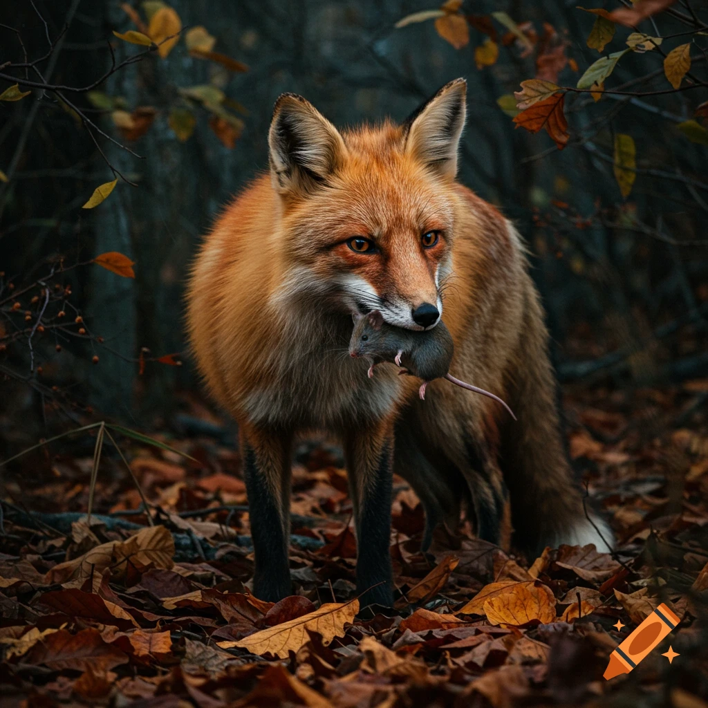 A photorealistic image of a fox standing in a forest filled with autumn leaves, holding a small mouse in its mouth.