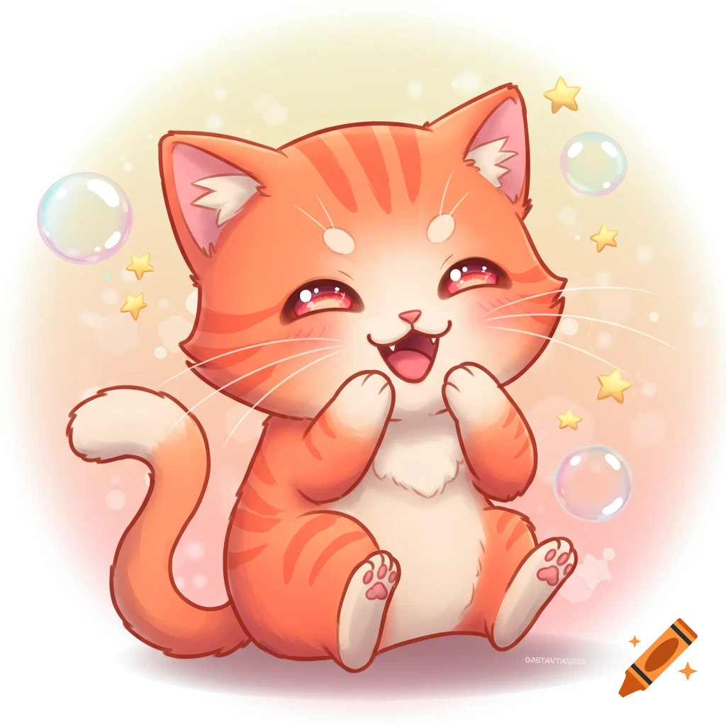 A cute orange tabby cat in a chibi anime style laughs with its eyes closed, surrounded by bubbles and stars.