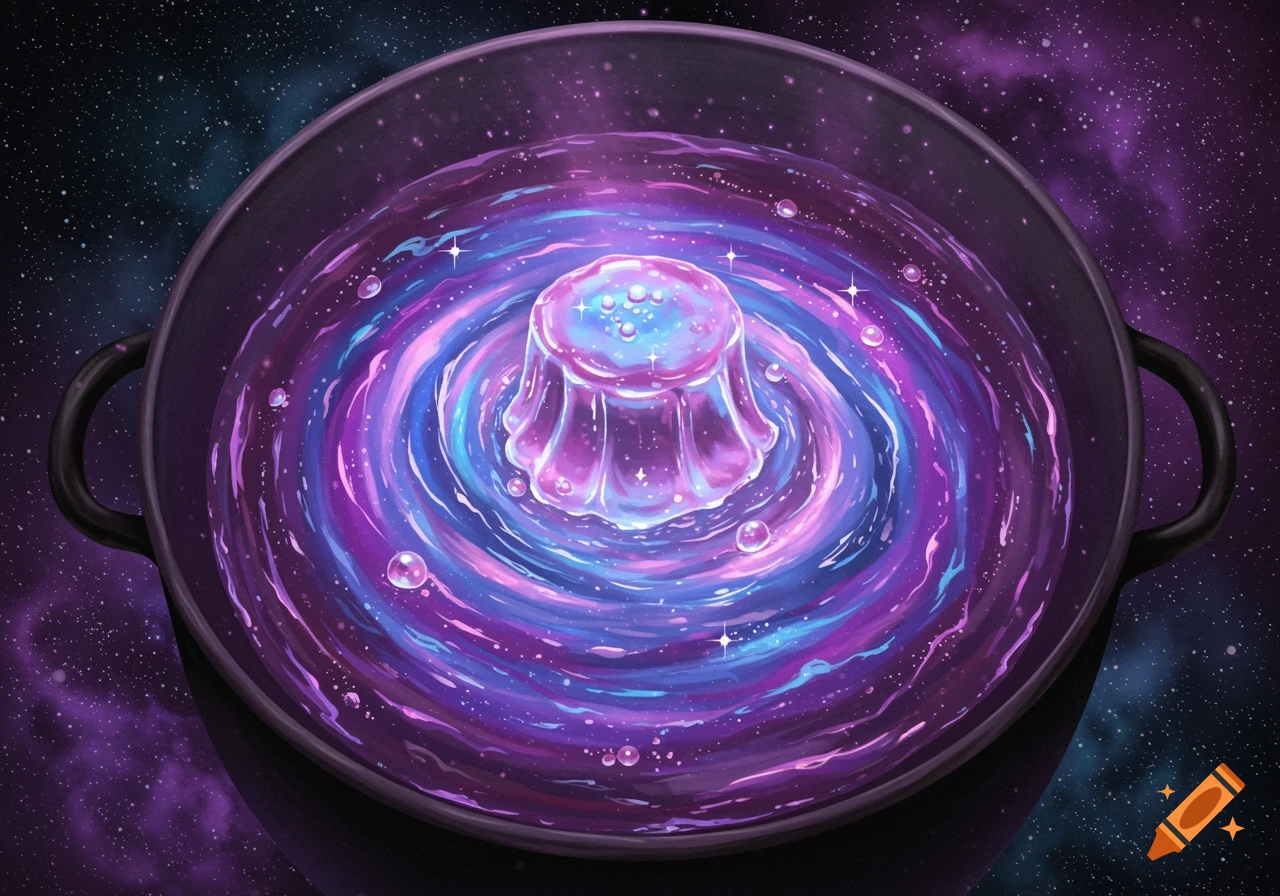 An artistic illustration of a large pot filled with swirling purple and blue galaxy soup, featuring a translucent, glowing star jelly surrounded by bubbles and stars.