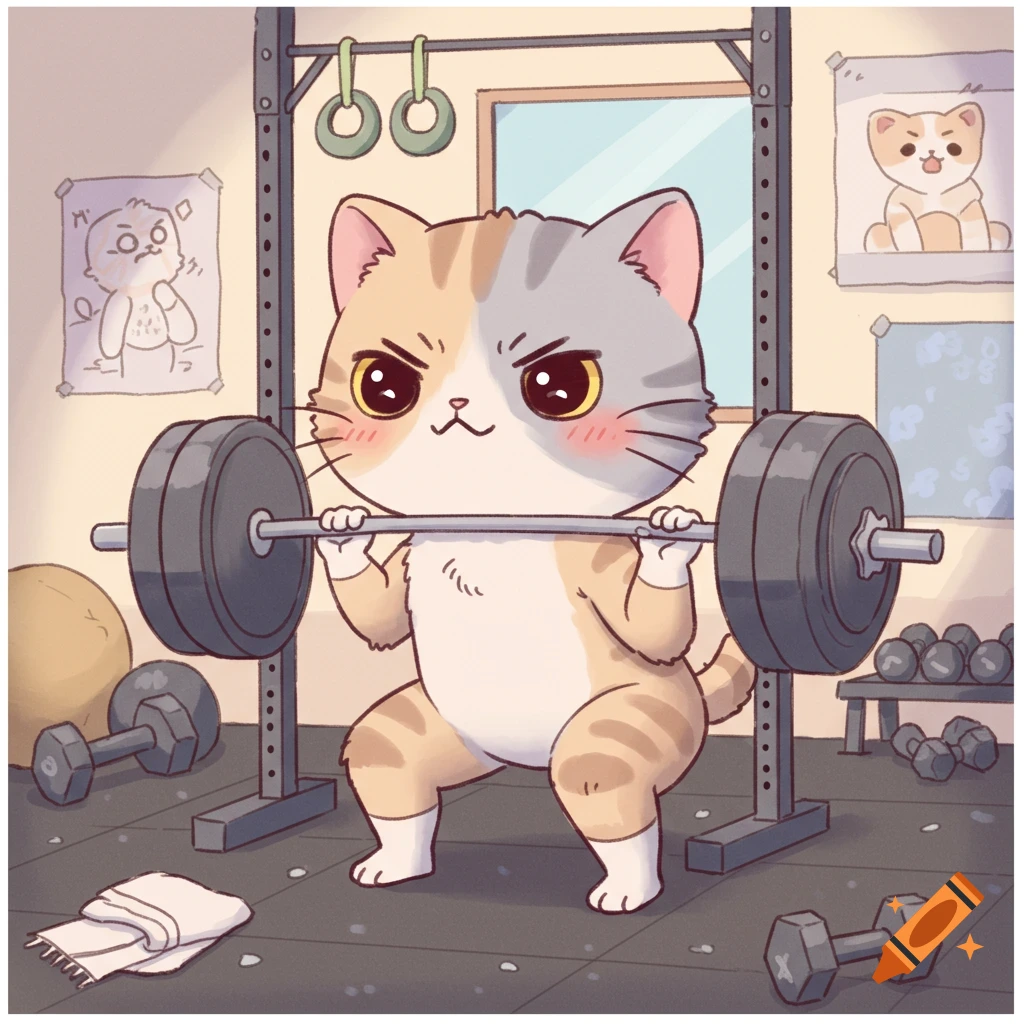 Chibi-style calico cat with a determined expression performing a heavy barbell squat in a gym.
