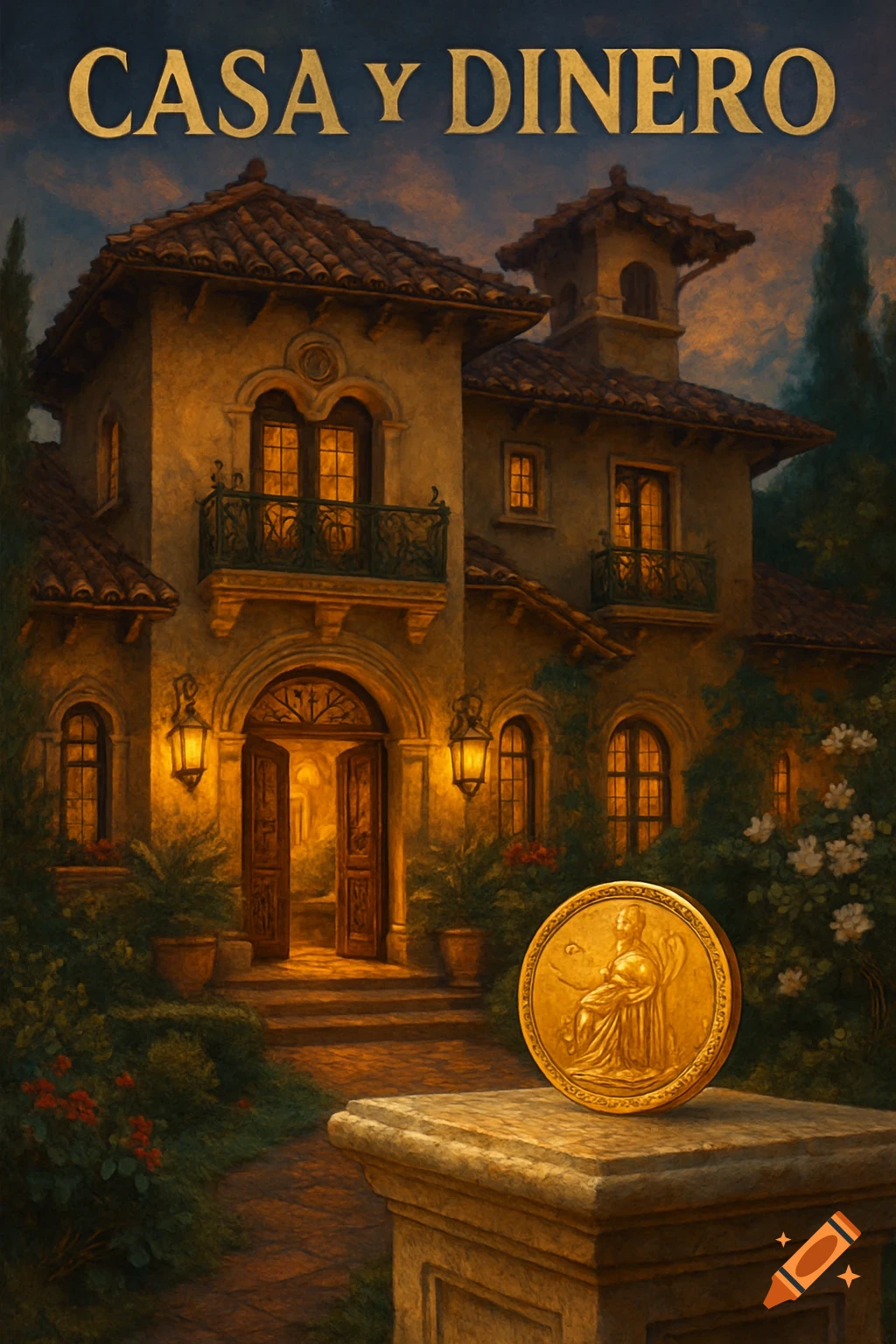 A painting of a grand, illuminated Spanish-style villa at dusk with a large golden coin on a pedestal. Text reads 'CASA Y DINERO'.