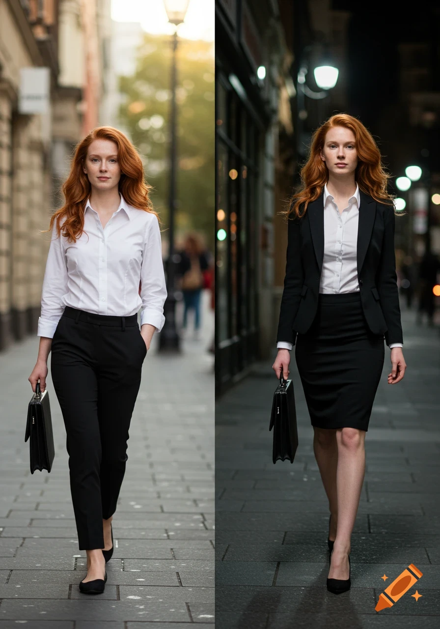 A split image of a red-haired woman in business attire walking on a city street: day on the left, night on the right.