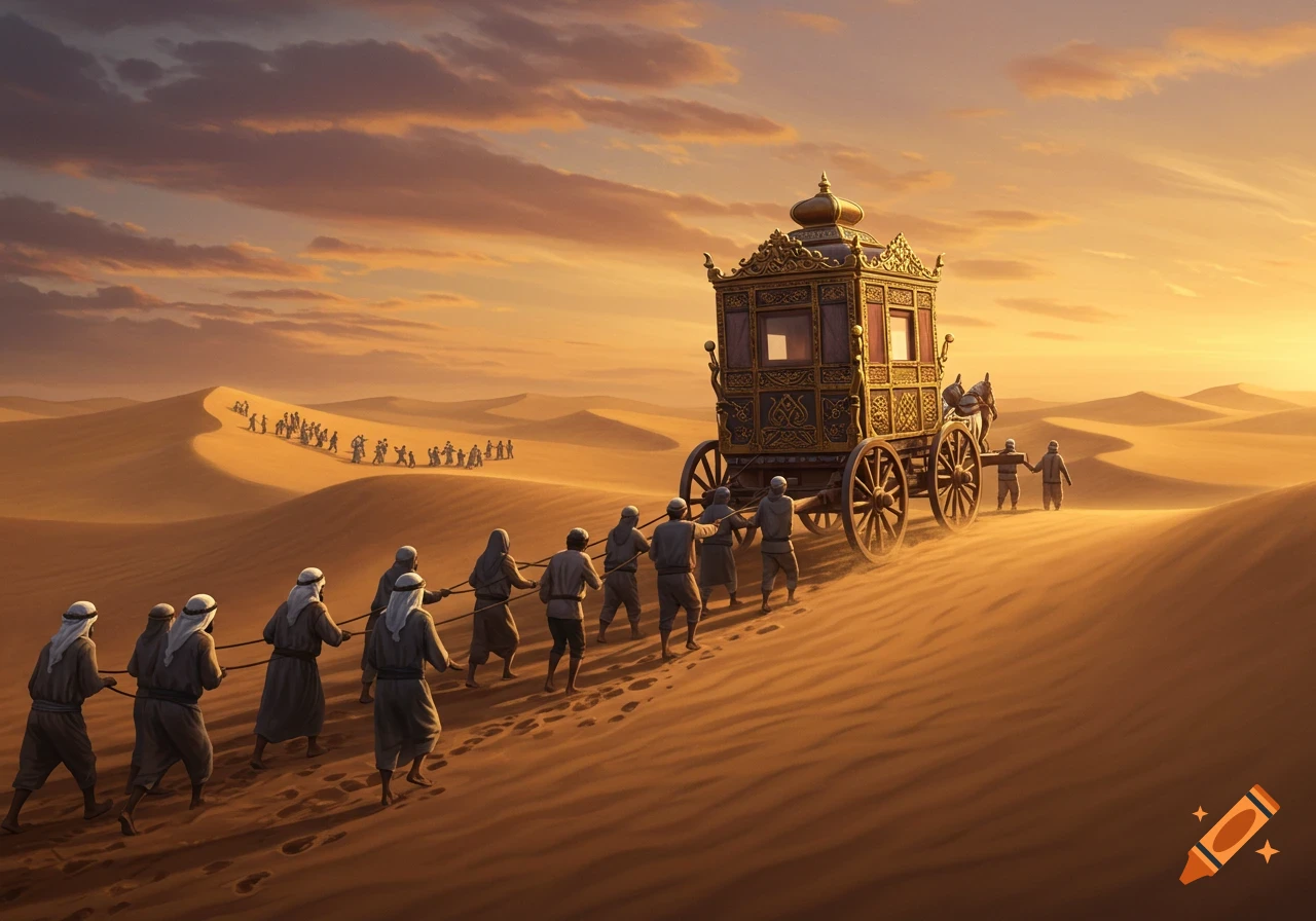 A line of robed figures pull an ornate golden carriage across sandy desert dunes under a warm sunset sky.