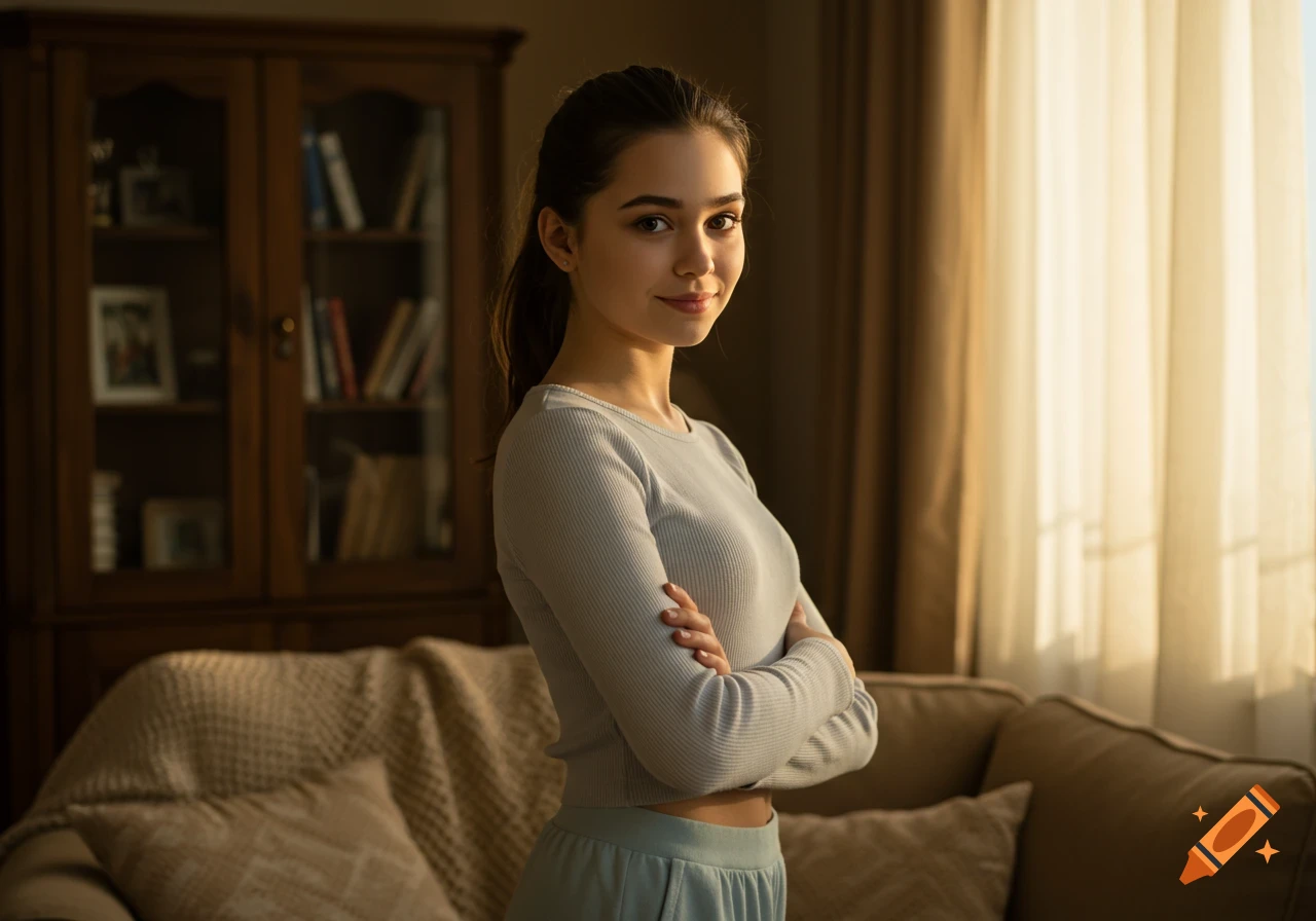 A smiling young woman with dark hair in a ponytail and a light grey top crosses her arms in a cozy living room.