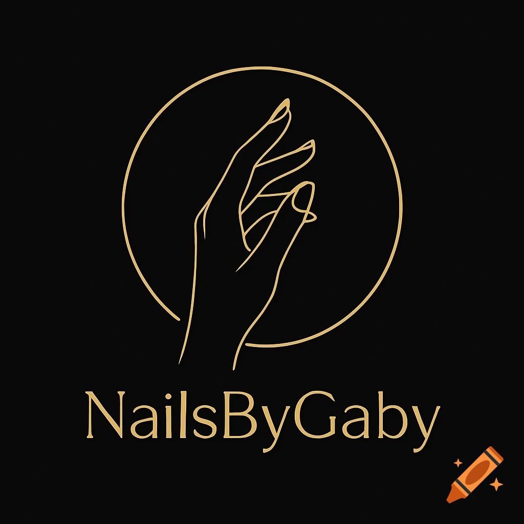 Minimalist golden line art logo on a black background featuring an elegant hand inside a circle with 'NailsByGaby' text.