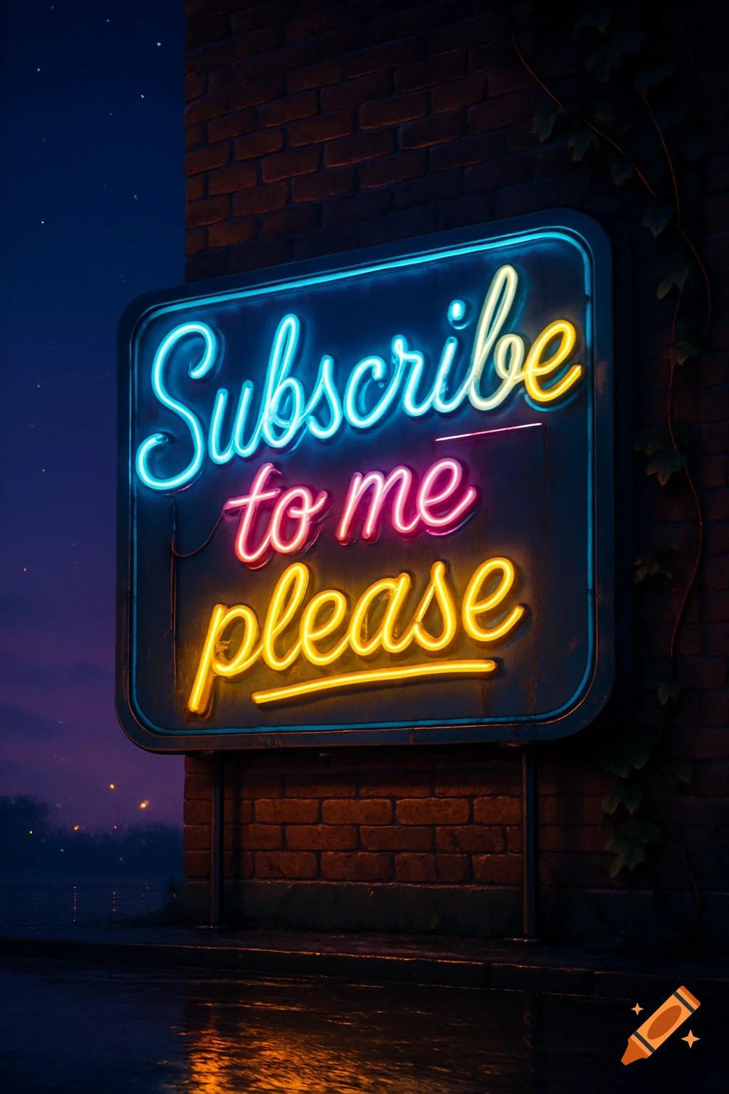 A bright blue, pink, and yellow neon sign on a brick wall, reading 'Subscribe to me please' at night with wet ground reflections.