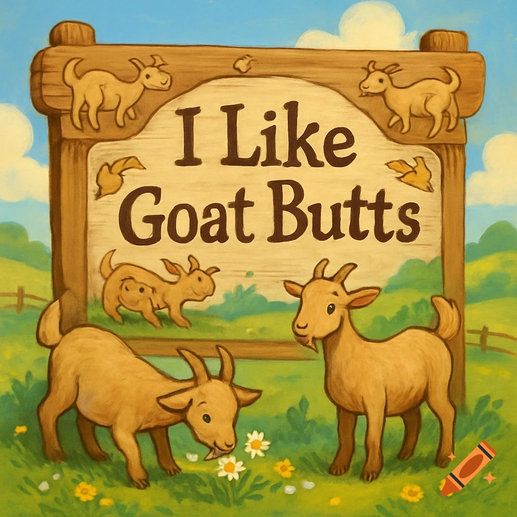 Whimsical illustration of brown goats in a green field, with a wooden sign reading 'I Like Goat Butts'.
