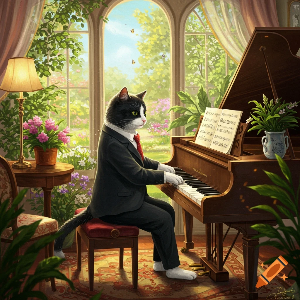 A tuxedo cat in a suit plays a grand piano in a sunlit room filled with plants and flowers.