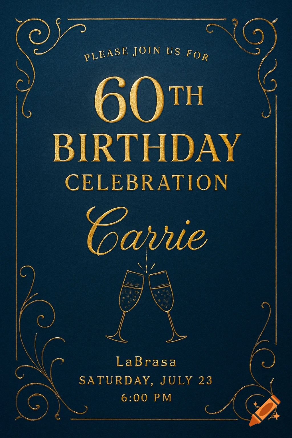 A dark blue 60th birthday invitation with golden text, ornate borders, and two clinking champagne glasses.