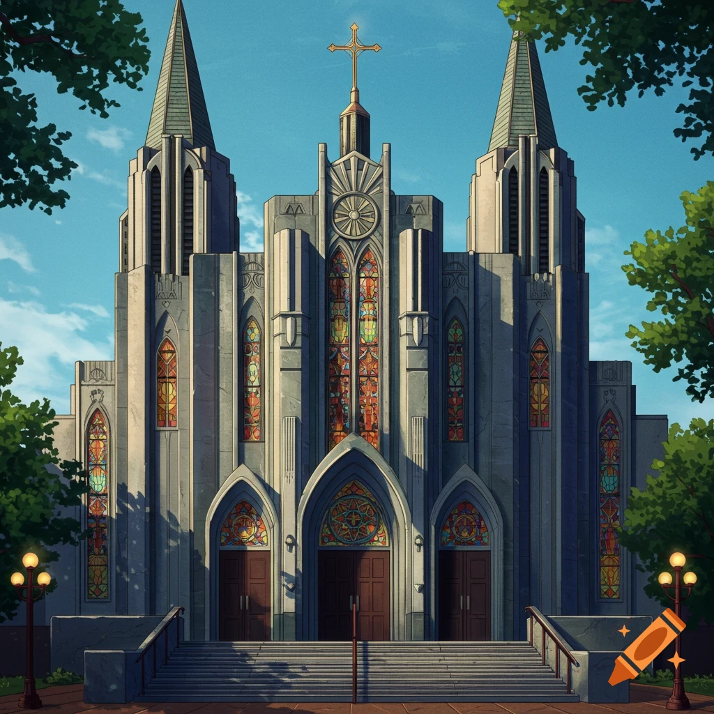 An Art Deco style church with two tall spires and colorful stained glass windows, framed by green trees against a blue sky.