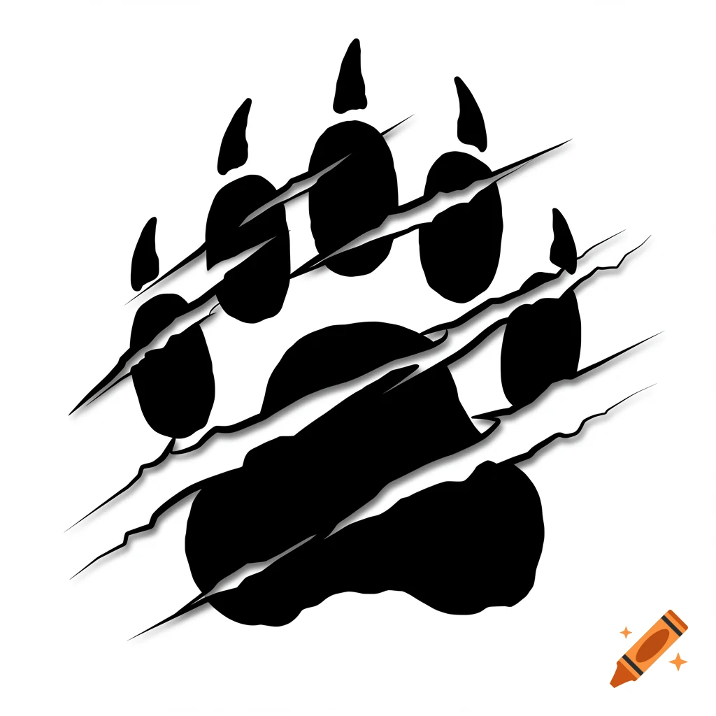 Black paw print with jagged claw marks ripping through a white background.