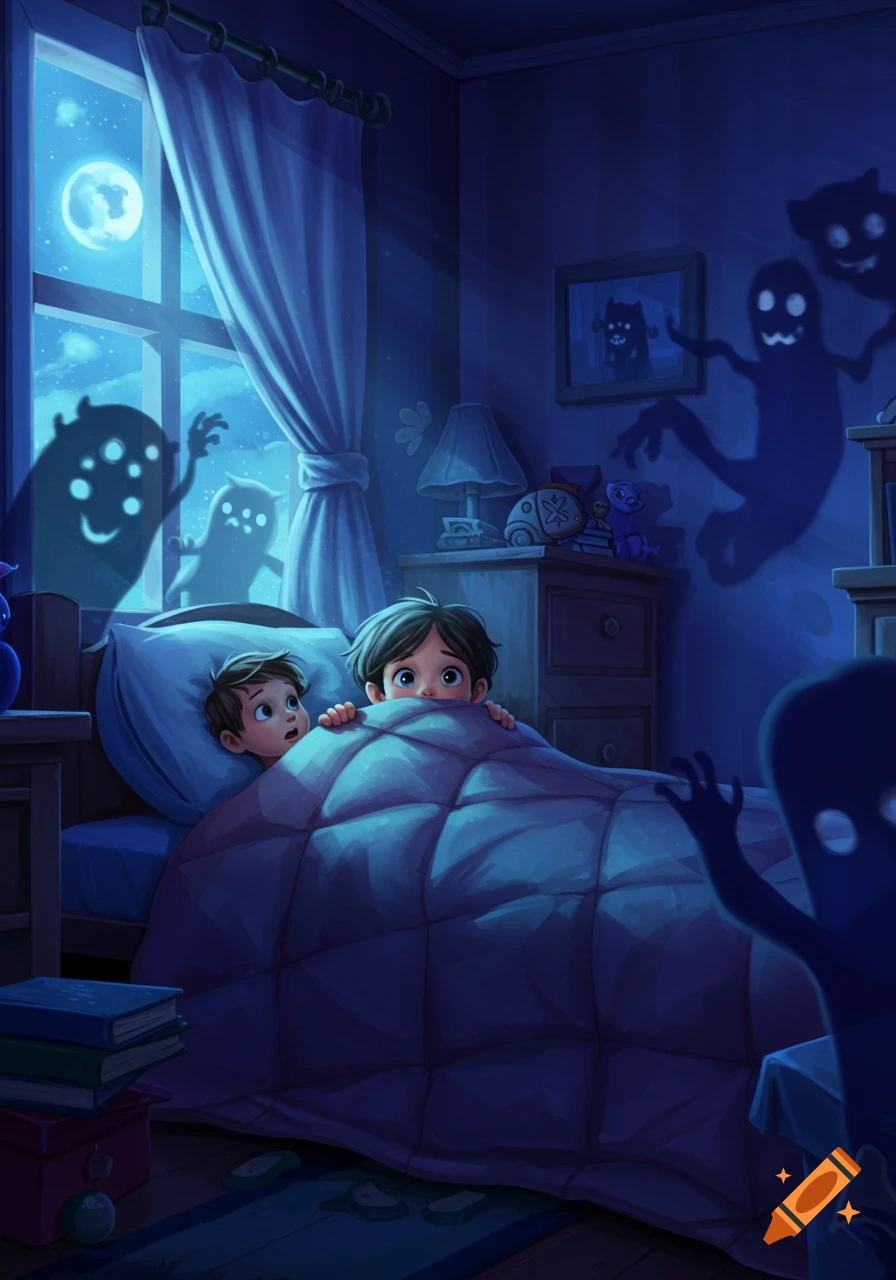 Two frightened boys hide under a blanket in a moonlit bedroom as spooky shadow monsters appear on the walls and outside the window, cartoonish art style.