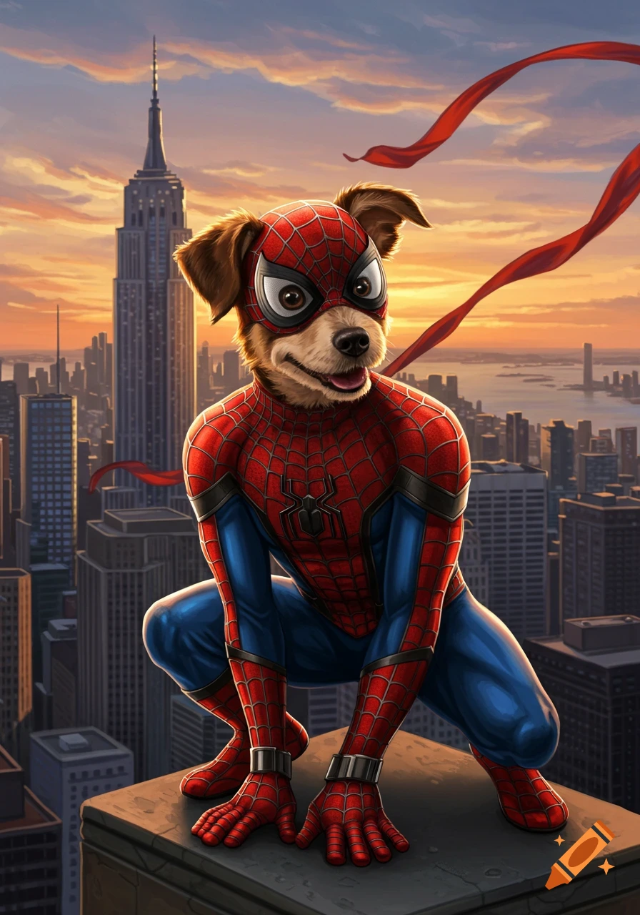 A brown dog wearing a red and blue Spider-Man suit and mask crouches on a rooftop overlooking a city skyline at sunset.