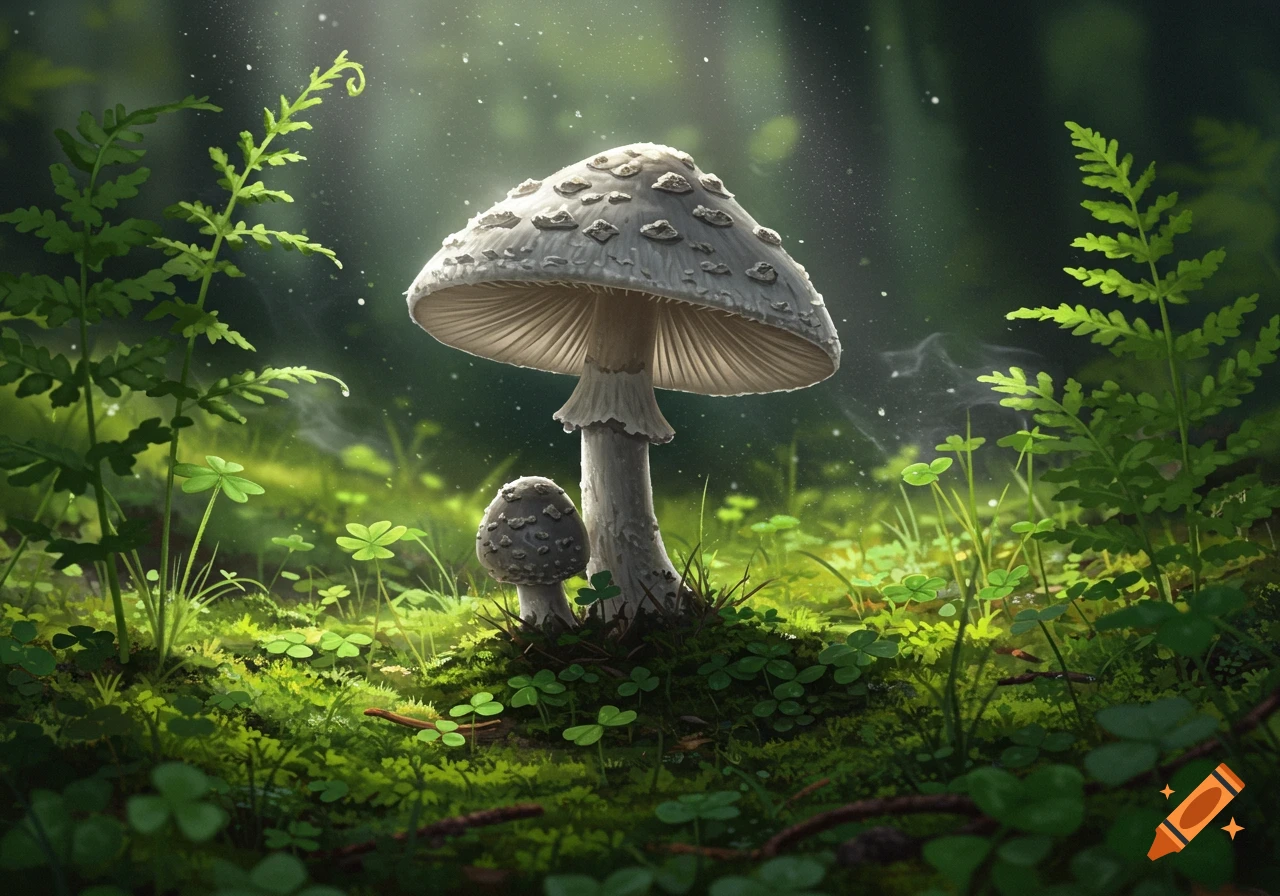 Two speckled mushrooms in a lush, green forest with sunlight filtering through trees.