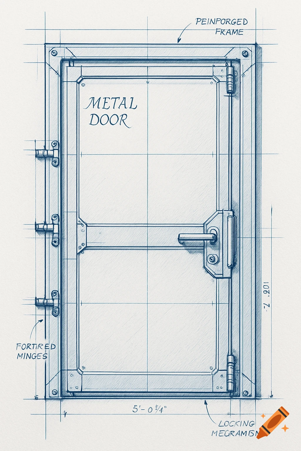 A detailed blueprint drawing of a metal door, complete with dimensions and labels, on a gridded background.