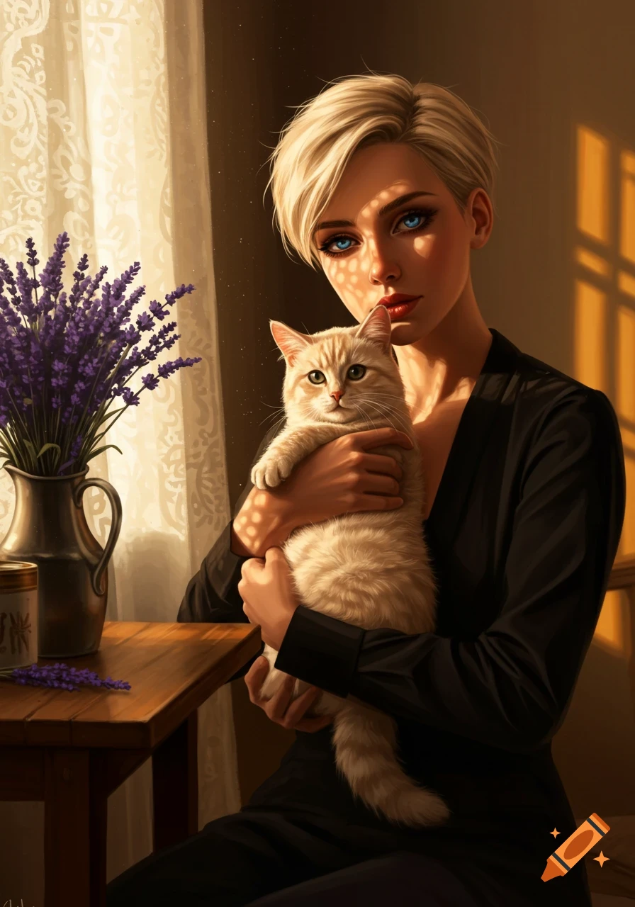 A woman with short blonde hair and blue eyes holds a cream tabby cat by a sunlit window, with lavender in a pitcher on a table.