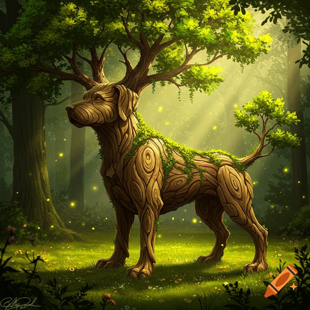 A wooden dog with tree branches for a head and tail, covered in moss, stands in a sunlit, mystical forest with fireflies.